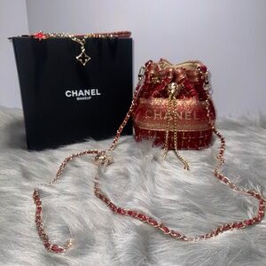 Chanel VIP Red Tweed Bucket Shoulder Bag with Charm chain~NIB